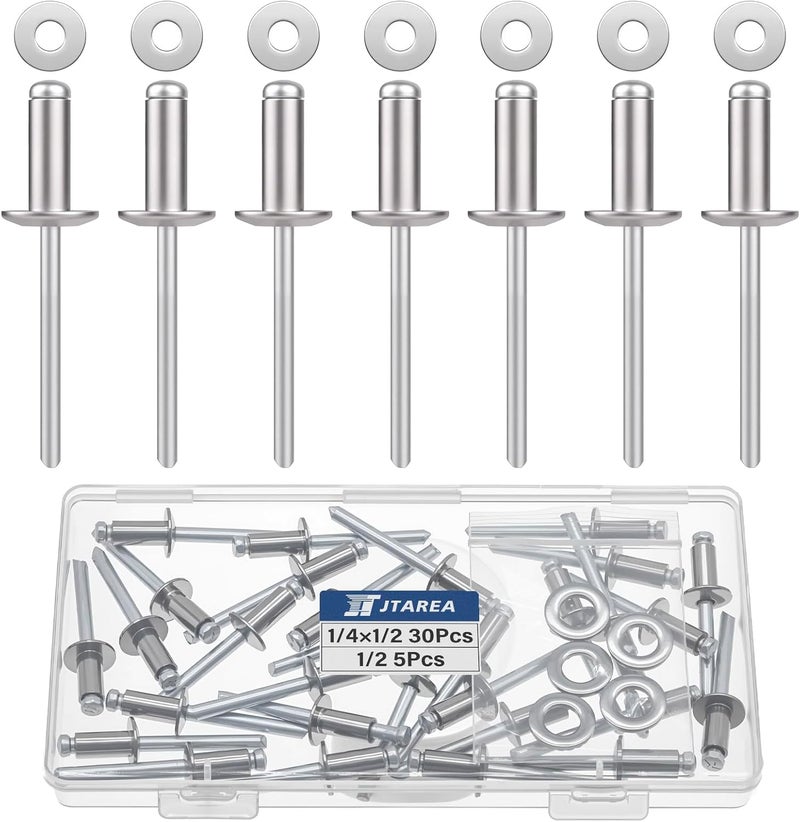 JTAREA 35pcs 1/4" x 1/2" Stainless Steel Pop Rivets with Stainless Steel Washers 6.4 x 12.7mm Blind Rivet Assortment Kit - Image 1